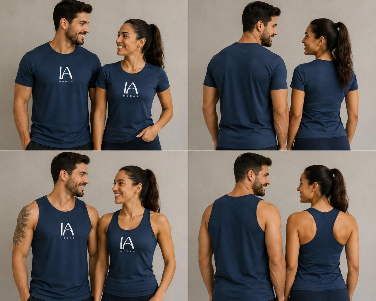 Casal vestindo camisas e regatas personalizadas IA Modas